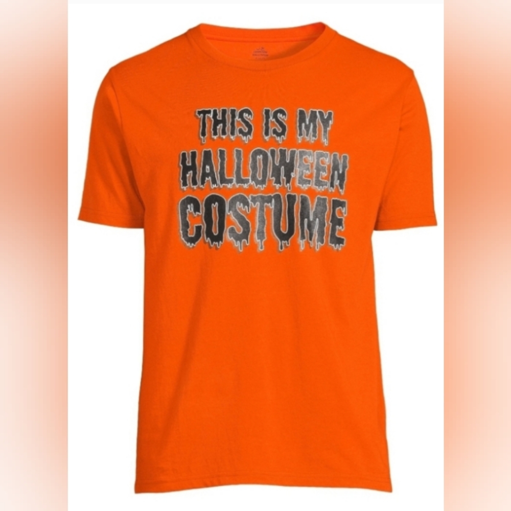 Mens sized THIS IS MY HALLOWEEN COSTUME orange graphic T Shirt Fall